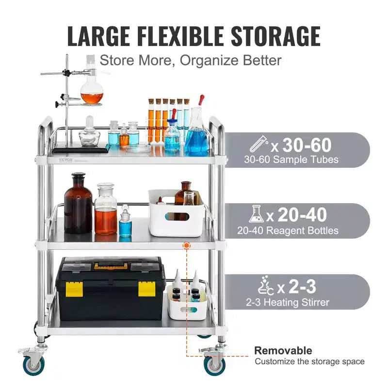 3-Shelf Stainless Steel Rolling Lab Cart with Guardrails and Swivel Casters 220 lbs Capacity Dental Utility Medical Trolley 26x16x34 Inch