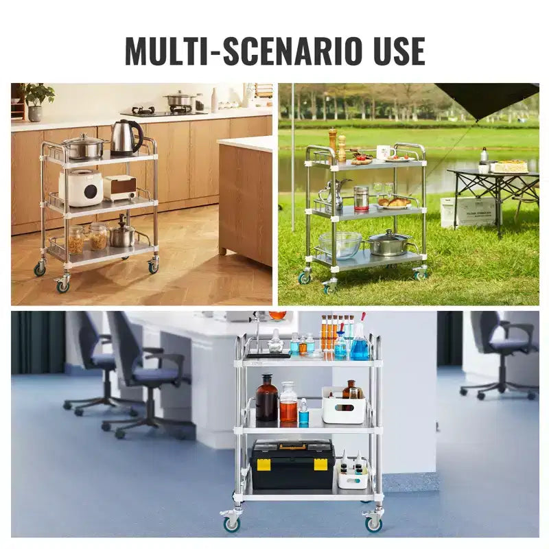 3-Shelf Stainless Steel Rolling Lab Cart with Guardrails and Swivel Casters 220 lbs Capacity Dental Utility Medical Trolley 26x16x34 Inch