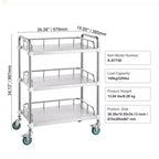3-Shelf Stainless Steel Rolling Lab Cart with Guardrails and Swivel Casters 220 lbs Capacity Dental Utility Medical Trolley 26x16x34 Inch
