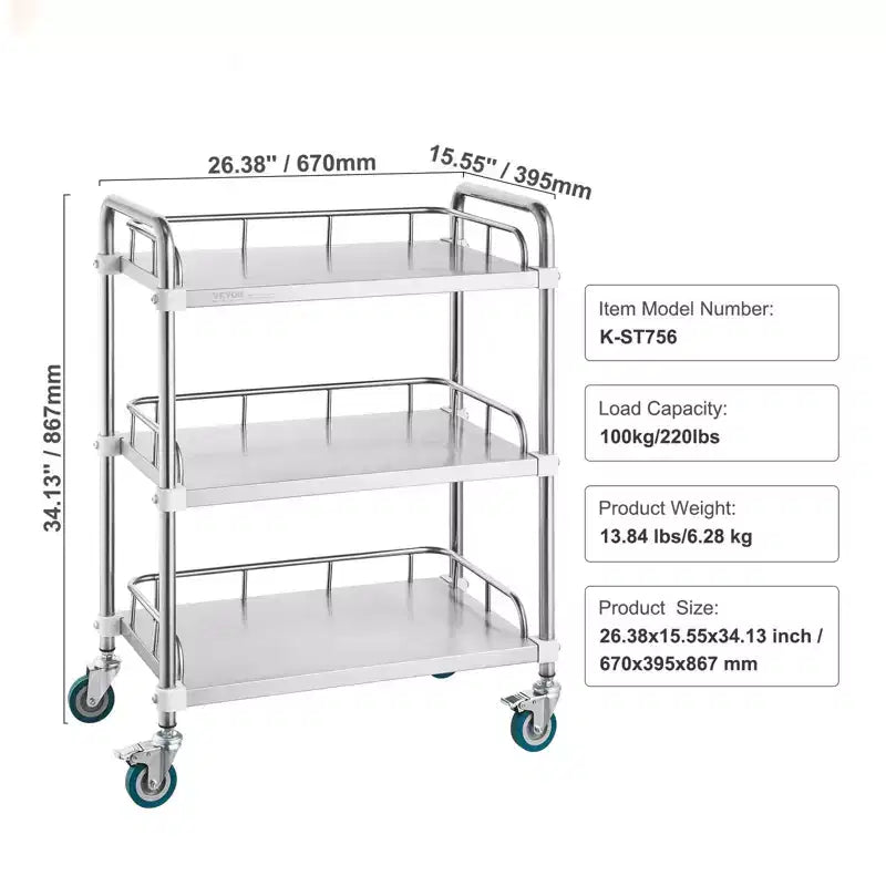 3-Shelf Stainless Steel Rolling Lab Cart with Guardrails and Swivel Casters 220 lbs Capacity Dental Utility Medical Trolley 26x16x34 Inch