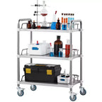 3-Shelf Stainless Steel Rolling Lab Cart with Guardrails and Swivel Casters 220 lbs Capacity Dental Utility Medical Trolley 26x16x34 Inch