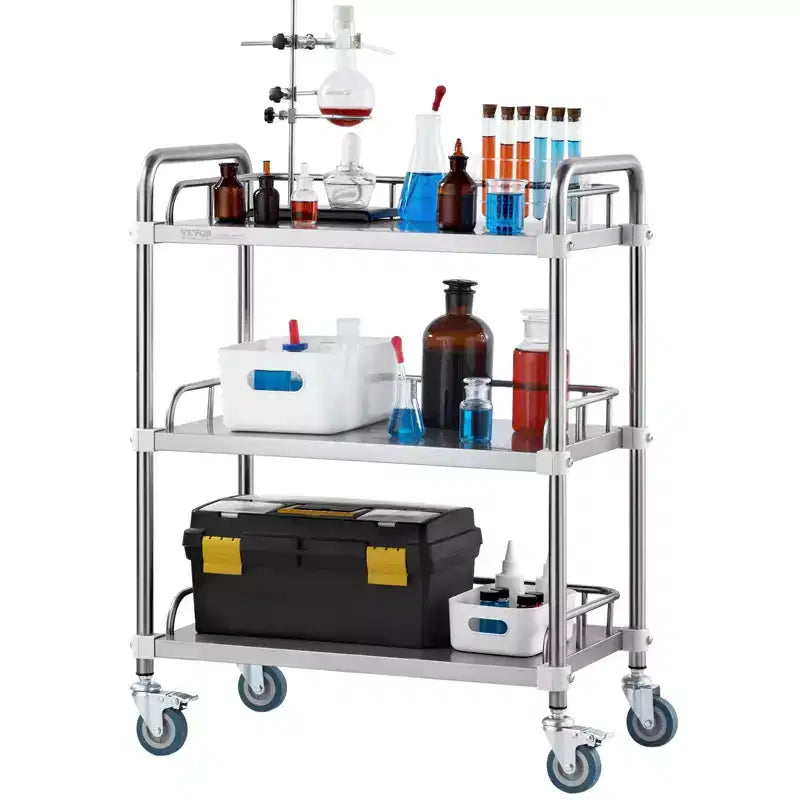 3-Shelf Stainless Steel Rolling Lab Cart with Guardrails and Swivel Casters 220 lbs Capacity Dental Utility Medical Trolley 26x16x34 Inch