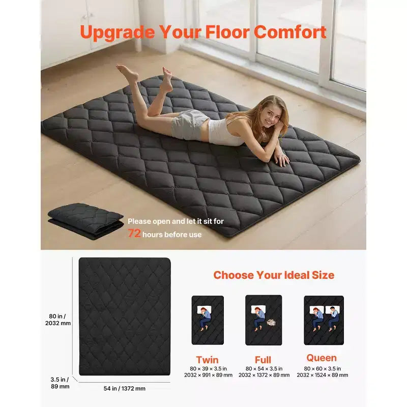 VEVOR Japanese Tatami Mat, Full Size Foldable Japanese Tatami Mattress, Futon Mattress with Storage Bag, 9-Layer Floor Mat, 80 x 54 x 3.5 in, Black