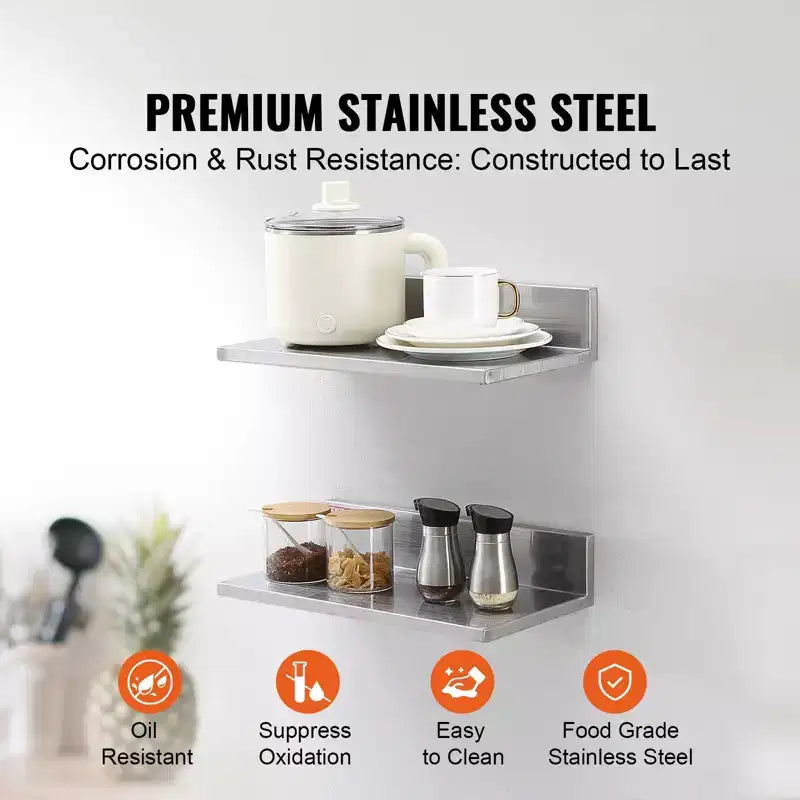 8.6 X 16 Stainless Steel Shelf, Wall Mounted Floating Shelving with Backsplash, 44 Lbs Load Capacity Commercial Shelves