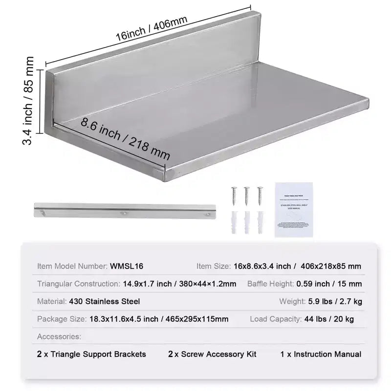 8.6 X 16 Stainless Steel Shelf, Wall Mounted Floating Shelving with Backsplash, 44 Lbs Load Capacity Commercial Shelves