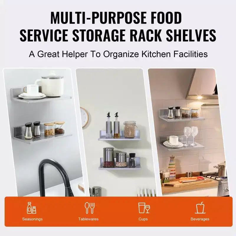 8.6 X 16 Stainless Steel Shelf, Wall Mounted Floating Shelving with Backsplash, 44 Lbs Load Capacity Commercial Shelves