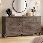 8 Drawer Dresser for Bedroom, Vintage 59 Dresser TV Stand with Carved Handles and Tapered Legs, Wood Chests of Drawers with Large Capacity Storage