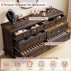 8 Drawer Dresser for Bedroom, Vintage 59 Dresser TV Stand with Carved Handles and Tapered Legs, Wood Chests of Drawers with Large Capacity Storage