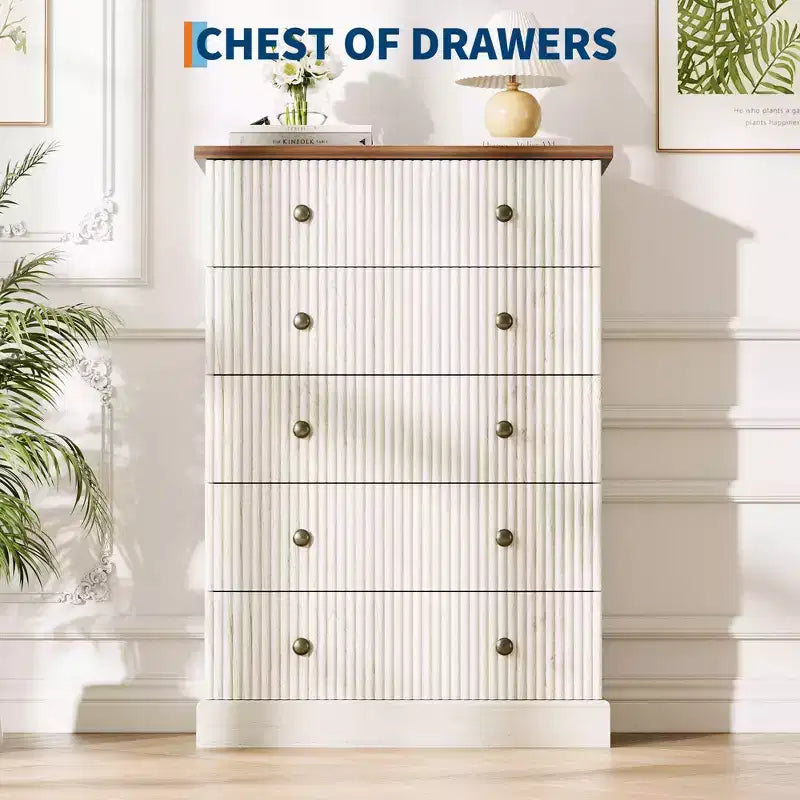 5-Drawer Bedroom Dresser, Upright Wooden Wardrobe, with Metal Handles, Suitable for Apartments, Bedrooms, Living Rooms, and Dining Rooms