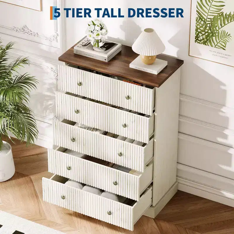 5-Drawer Bedroom Dresser, Upright Wooden Wardrobe, with Metal Handles, Suitable for Apartments, Bedrooms, Living Rooms, and Dining Rooms