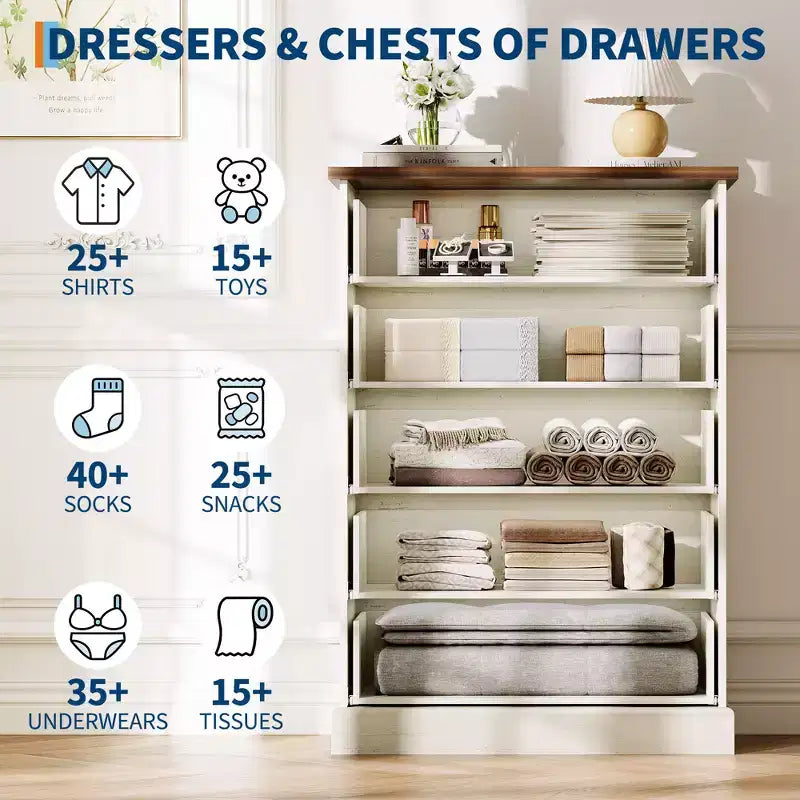 5-Drawer Bedroom Dresser, Upright Wooden Wardrobe, with Metal Handles, Suitable for Apartments, Bedrooms, Living Rooms, and Dining Rooms
