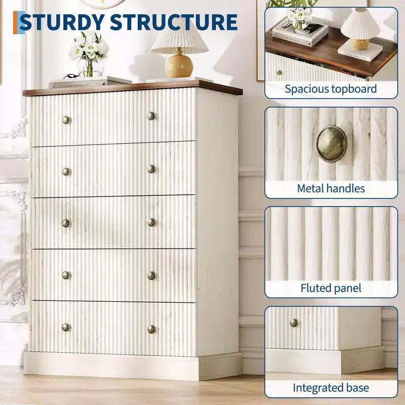 5-Drawer Bedroom Dresser, Upright Wooden Wardrobe, with Metal Handles, Suitable for Apartments, Bedrooms, Living Rooms, and Dining Rooms