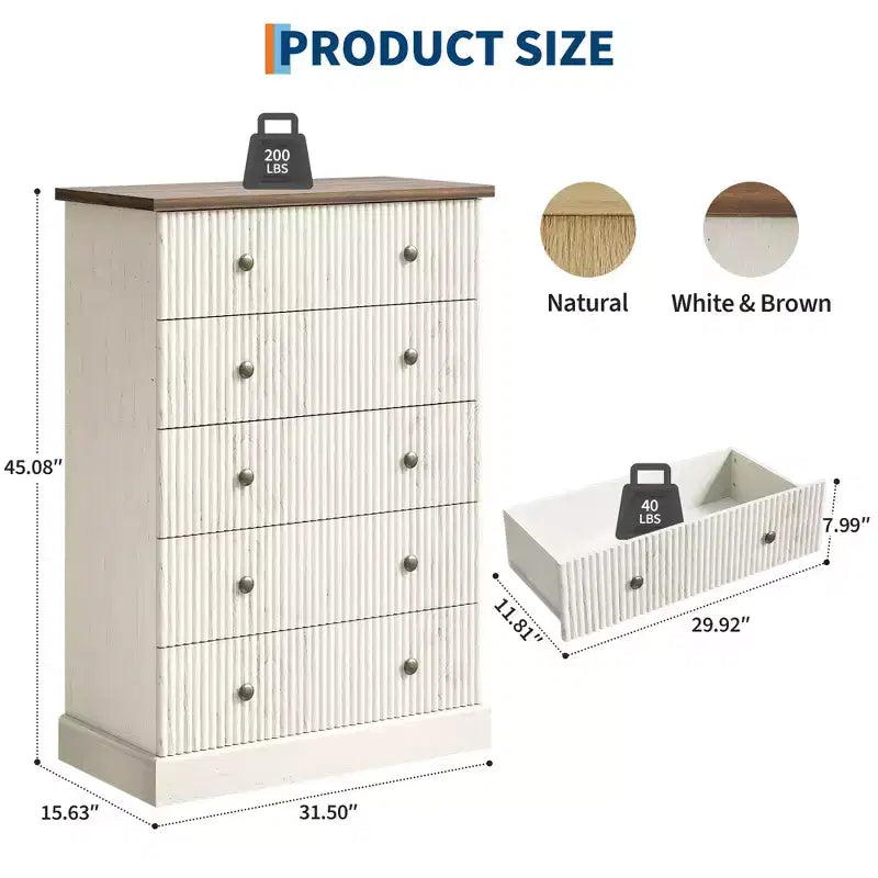 5-Drawer Bedroom Dresser, Upright Wooden Wardrobe, with Metal Handles, Suitable for Apartments, Bedrooms, Living Rooms, and Dining Rooms