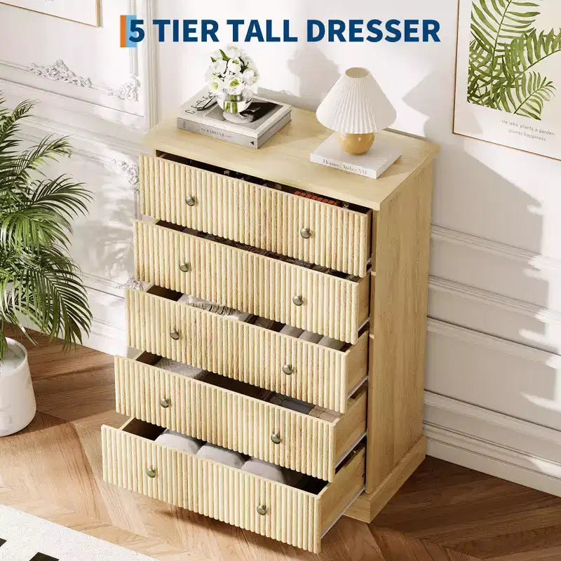 5-Drawer Bedroom Dresser, Upright Wooden Wardrobe, with Metal Handles, Suitable for Apartments, Bedrooms, Living Rooms, and Dining Rooms