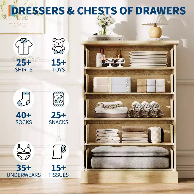 5-Drawer Bedroom Dresser, Upright Wooden Wardrobe, with Metal Handles, Suitable for Apartments, Bedrooms, Living Rooms, and Dining Rooms
