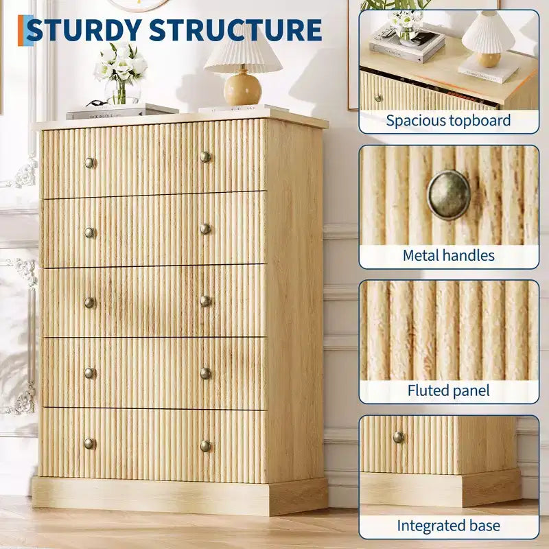 5-Drawer Bedroom Dresser, Upright Wooden Wardrobe, with Metal Handles, Suitable for Apartments, Bedrooms, Living Rooms, and Dining Rooms