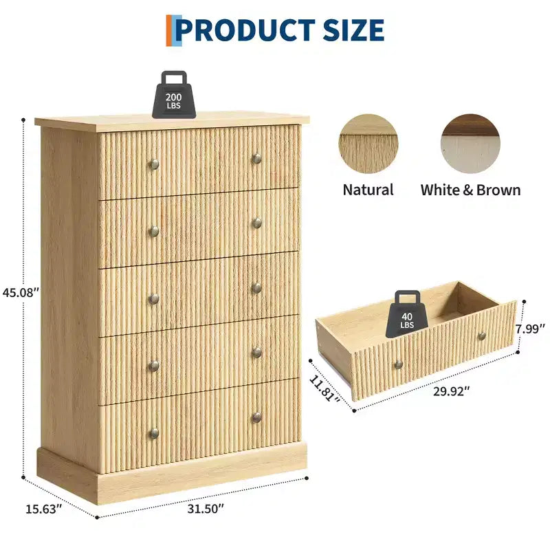 5-Drawer Bedroom Dresser, Upright Wooden Wardrobe, with Metal Handles, Suitable for Apartments, Bedrooms, Living Rooms, and Dining Rooms