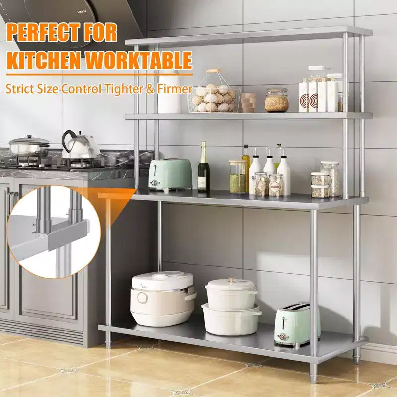 Stainless Steel 2-Tier Lab Overshelf  60W x 12D x 39H, Adjustable Heavy-Duty Shelves (360 lb + 220 lb Capacity) for Workbench