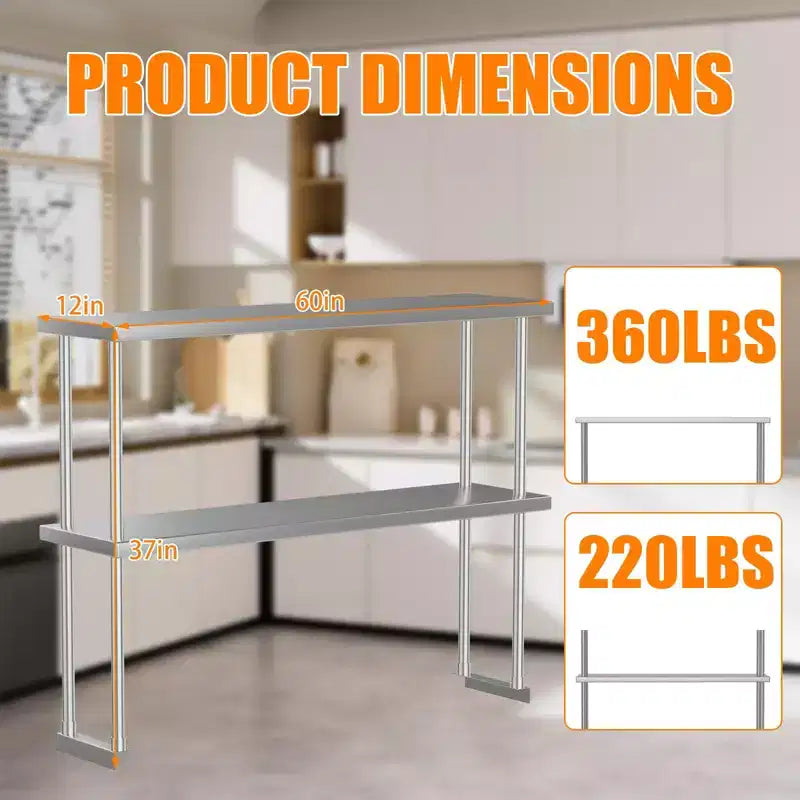 Stainless Steel 2-Tier Lab Overshelf  60W x 12D x 39H, Adjustable Heavy-Duty Shelves (360 lb + 220 lb Capacity) for Workbench