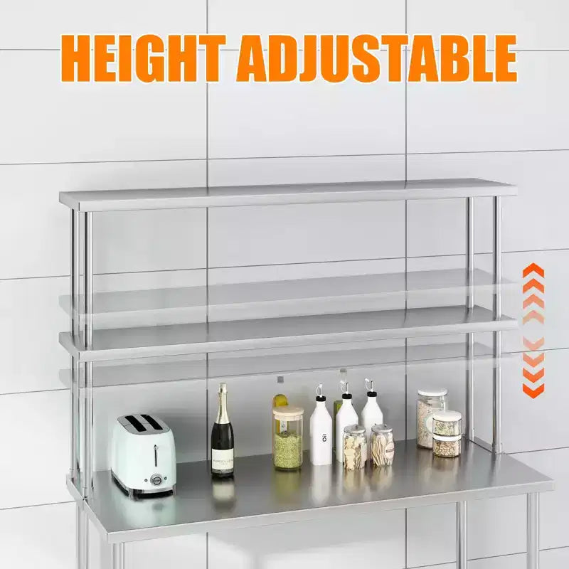 Stainless Steel 2-Tier Lab Overshelf  60W x 12D x 39H, Adjustable Heavy-Duty Shelves (360 lb + 220 lb Capacity) for Workbench