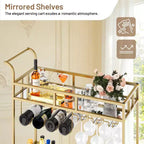 COZONY 2 Tier Bar Cart with Wine Rack and Glass Holder, Mirrored Mobile Serving Cart with Wheels for Kitchen Living Room