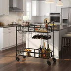 COZONY 2 Tier Bar Cart with Wine Rack and Glass Holder, Mirrored Mobile Serving Cart with Wheels for Kitchen Living Room