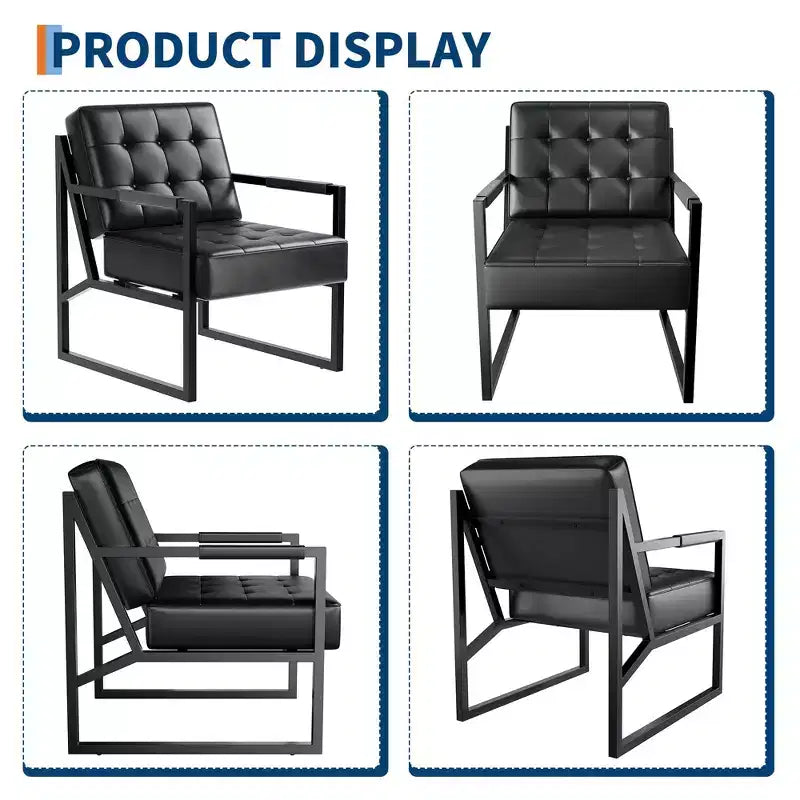 Mid Century Accent Chair - Faux Leather Armchair with Metal Legs for Living Room Bedroom Office Reception - Black