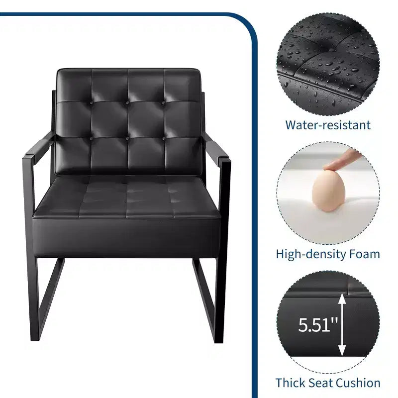 Mid Century Accent Chair - Faux Leather Armchair with Metal Legs for Living Room Bedroom Office Reception - Black