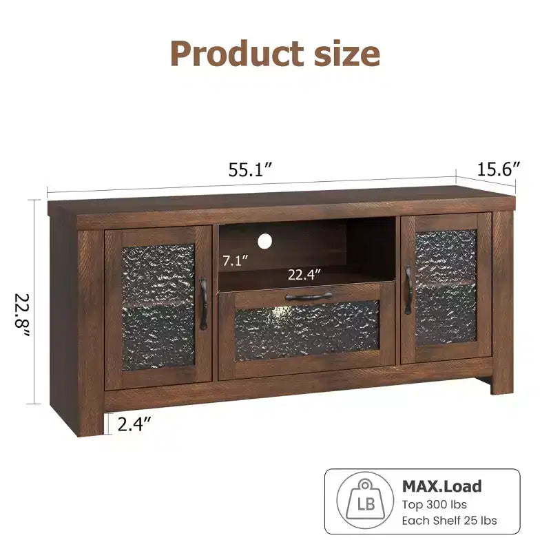 55 Farmhouse TV Stand with Water Ripple Acrylic Doors  Entertainment Center for 55 TVs, Adjustable Shelves, 300 lbs Capacity