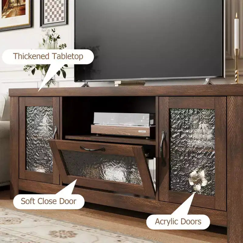55 Farmhouse TV Stand with Water Ripple Acrylic Doors  Entertainment Center for 55 TVs, Adjustable Shelves, 300 lbs Capacity