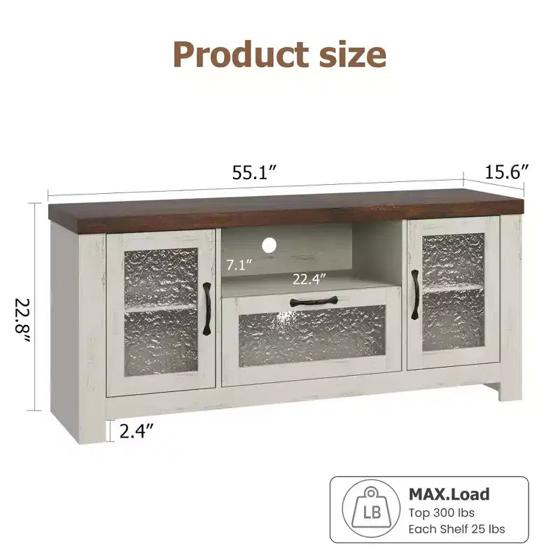 55 Farmhouse TV Stand with Water Ripple Acrylic Doors  Entertainment Center for 55 TVs, Adjustable Shelves, 300 lbs Capacity
