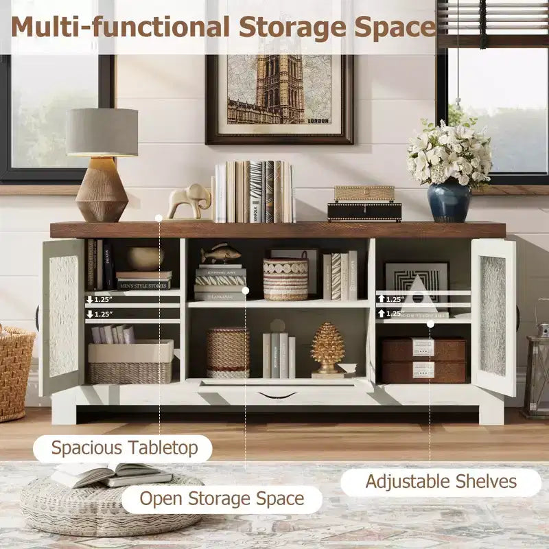 55 Farmhouse TV Stand with Water Ripple Acrylic Doors  Entertainment Center for 55 TVs, Adjustable Shelves, 300 lbs Capacity
