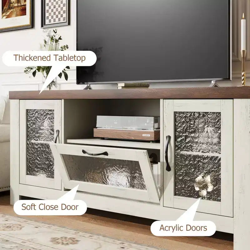 55 Farmhouse TV Stand with Water Ripple Acrylic Doors  Entertainment Center for 55 TVs, Adjustable Shelves, 300 lbs Capacity