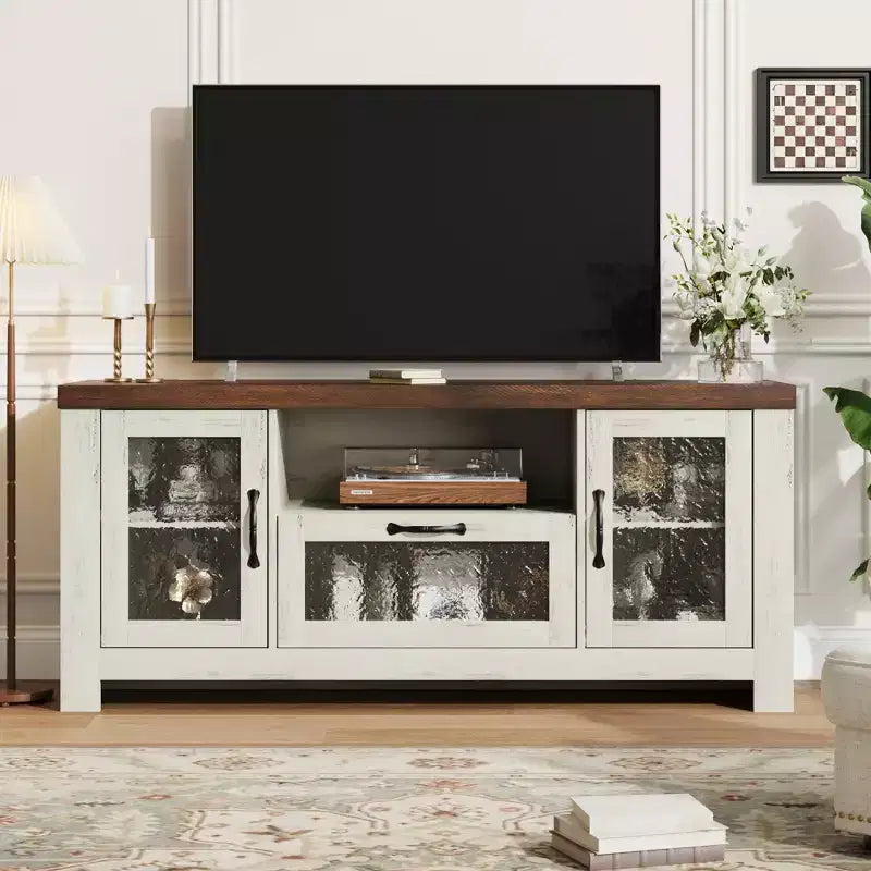 55 Farmhouse TV Stand with Water Ripple Acrylic Doors  Entertainment Center for 55 TVs, Adjustable Shelves, 300 lbs Capacity