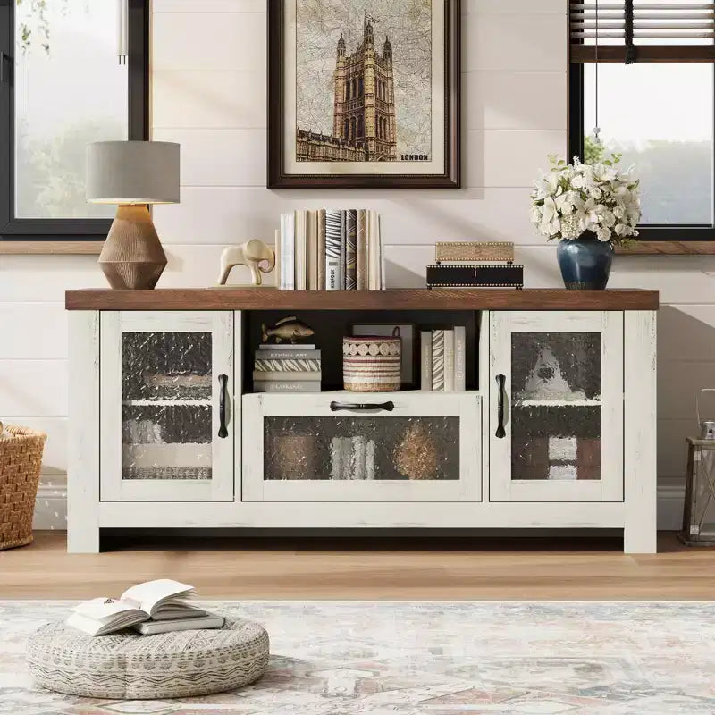 55 Farmhouse TV Stand with Water Ripple Acrylic Doors  Entertainment Center for 55 TVs, Adjustable Shelves, 300 lbs Capacity
