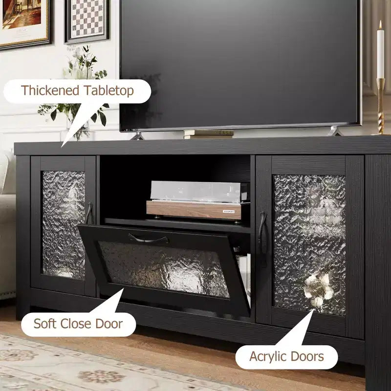 55 Farmhouse TV Stand with Water Ripple Acrylic Doors  Entertainment Center for 55 TVs, Adjustable Shelves, 300 lbs Capacity