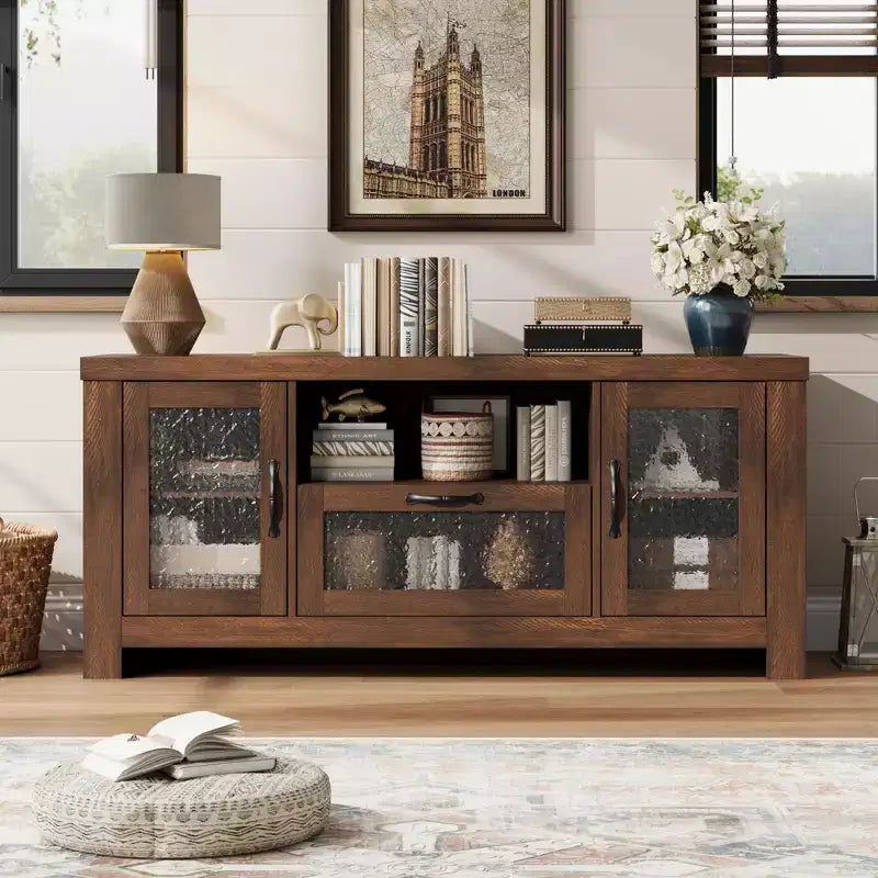 55 Farmhouse TV Stand with Water Ripple Acrylic Doors  Entertainment Center for 55 TVs, Adjustable Shelves, 300 lbs Capacity