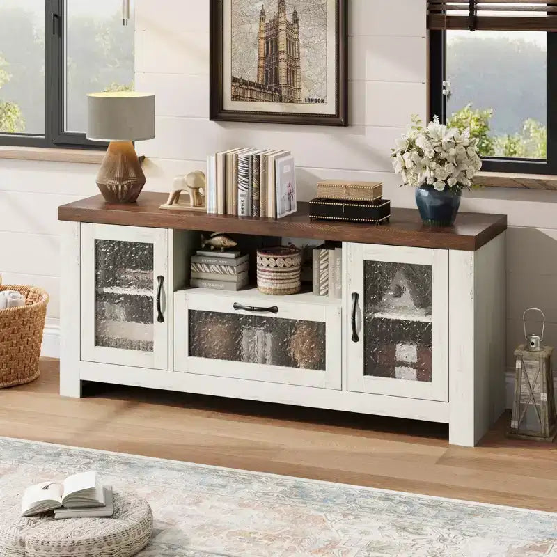 55 Farmhouse TV Stand with Water Ripple Acrylic Doors  Entertainment Center for 55 TVs, Adjustable Shelves, 300 lbs Capacity