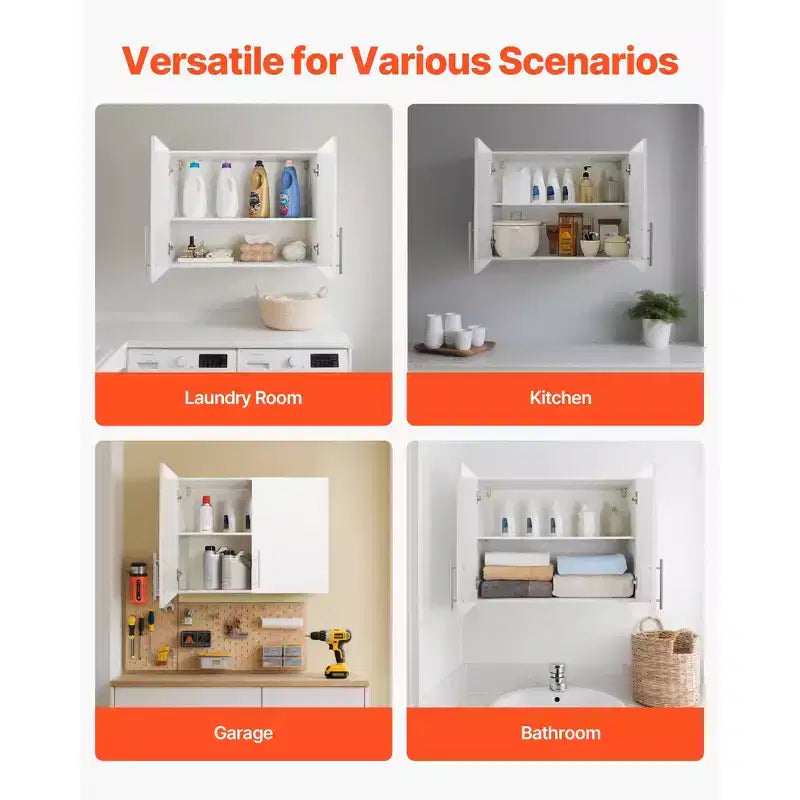 VEVOR Laundry Room Wall Cabinet, 2-Tier Wall Mounted Hanging Cabinet with Adjustable Shelf, 32 in Cupboard Storage with 2 Doors, White