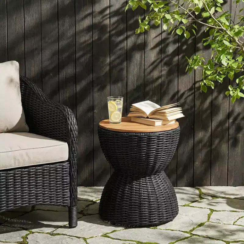 Christopher Knight Home Somchai Modern Acacia Wood Patio End Table with Wicker Hourglass Base and Round Slatted Tabletop