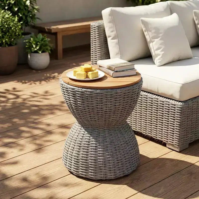 Christopher Knight Home Somchai Modern Acacia Wood Patio End Table with Wicker Hourglass Base and Round Slatted Tabletop