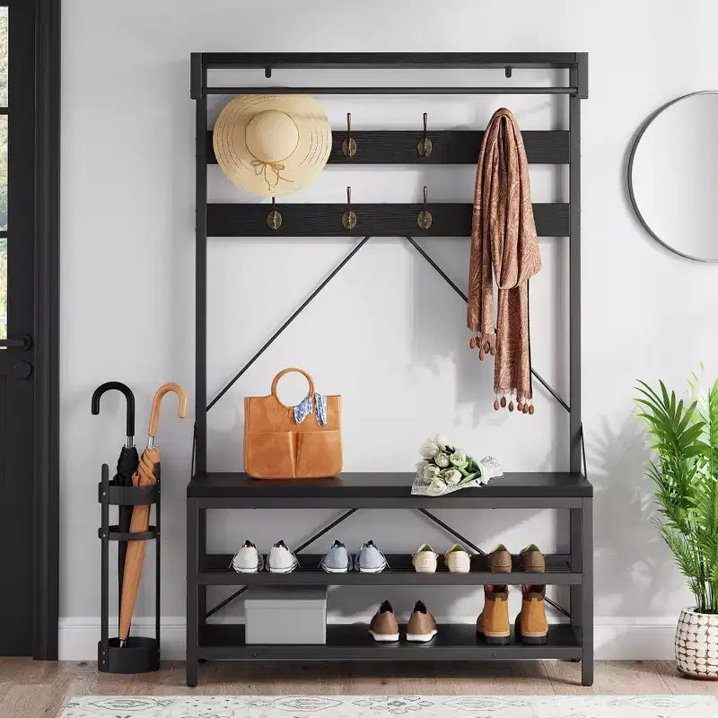 40 Industrial Hall Tree with Bench and Shoe Storage  Coat Rack with Hanging Bar, Hooks, and Storage Shelf for Entryway and Mudroom