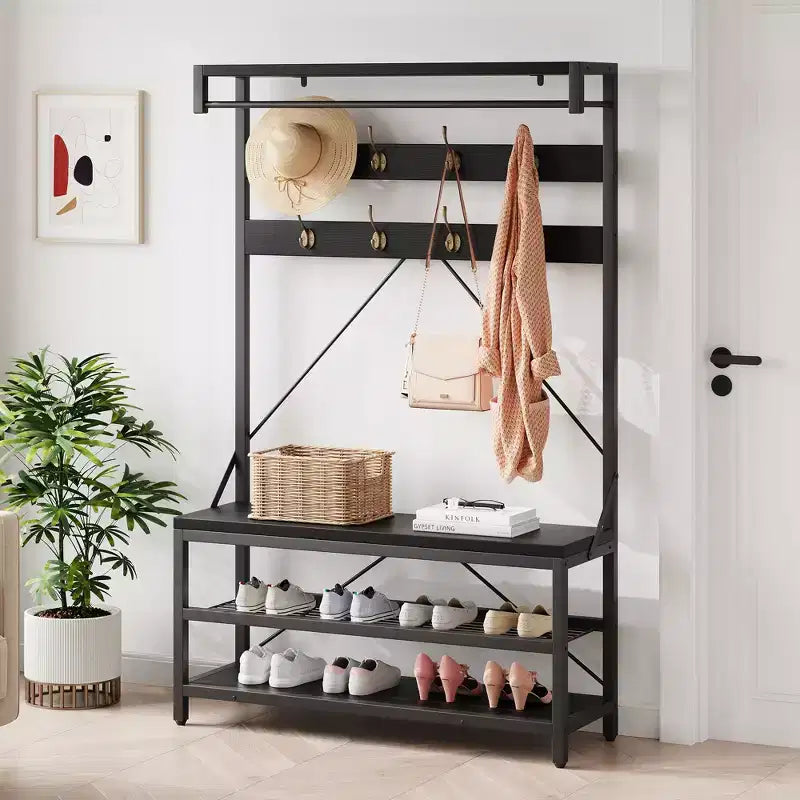 40 Industrial Hall Tree with Bench and Shoe Storage  Coat Rack with Hanging Bar, Hooks, and Storage Shelf for Entryway and Mudroom