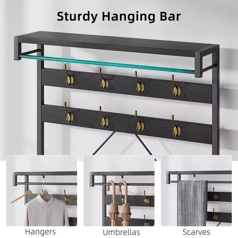 40 Industrial Hall Tree with Bench and Shoe Storage  Coat Rack with Hanging Bar, Hooks, and Storage Shelf for Entryway and Mudroom
