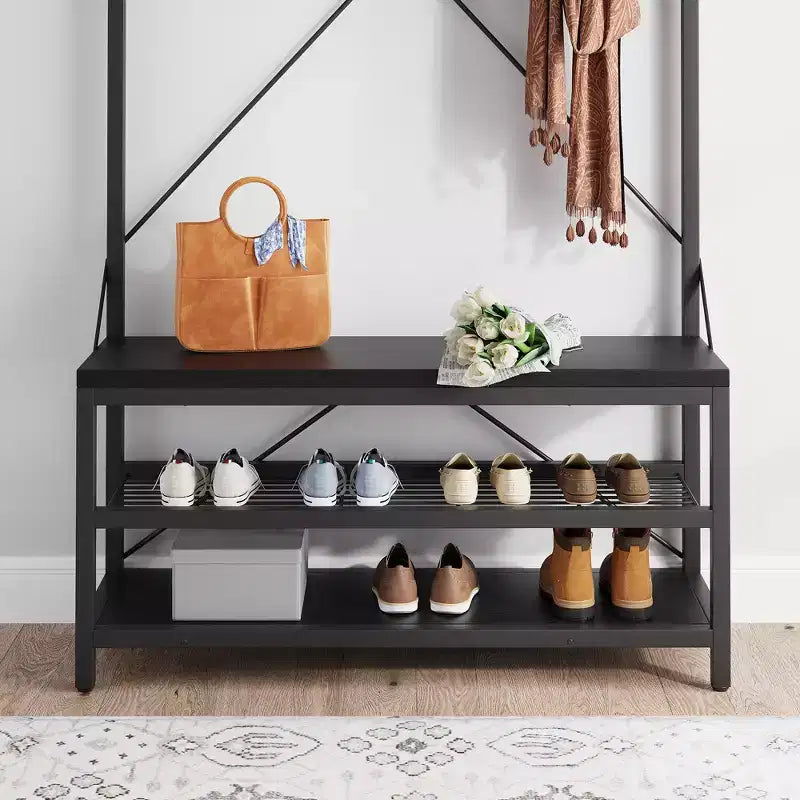 40 Industrial Hall Tree with Bench and Shoe Storage  Coat Rack with Hanging Bar, Hooks, and Storage Shelf for Entryway and Mudroom