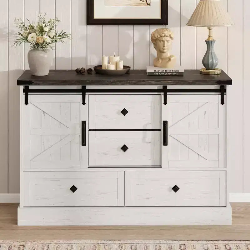 Farmhouse TV Stands for 65 Inch TV, Entertainment Center with Sliding Barn Doors, Television Stands with Large 4 Drawers, for Living Room Bedroom