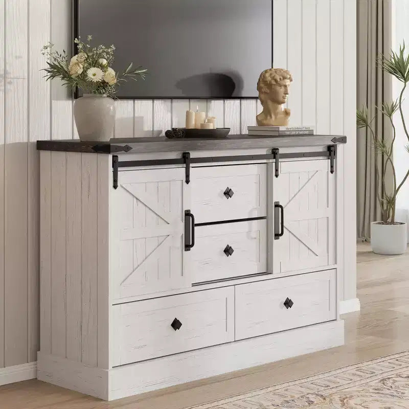 Farmhouse TV Stands for 65 Inch TV, Entertainment Center with Sliding Barn Doors, Television Stands with Large 4 Drawers, for Living Room Bedroom
