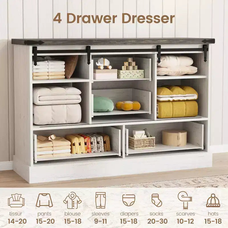 Farmhouse TV Stands for 65 Inch TV, Entertainment Center with Sliding Barn Doors, Television Stands with Large 4 Drawers, for Living Room Bedroom