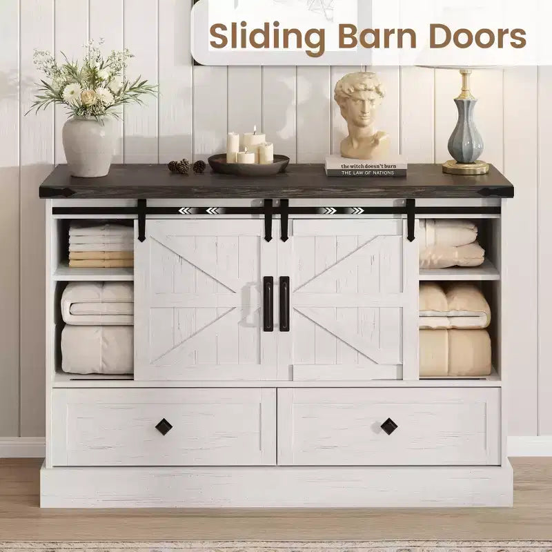 Farmhouse TV Stands for 65 Inch TV, Entertainment Center with Sliding Barn Doors, Television Stands with Large 4 Drawers, for Living Room Bedroom