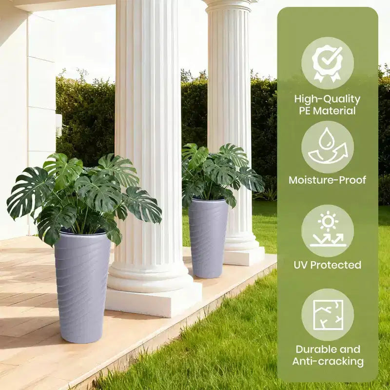 Gray Self-Watering Tall Planters Set of 2  23 Flower Pots with Water Level Monitor, Drainage Holes for Indoor & Outdoor Use